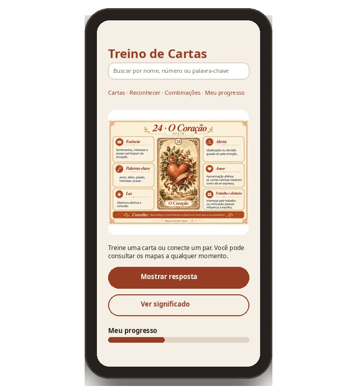 Bônus especial — tela do App de Treino do Baralho Cigano no celular